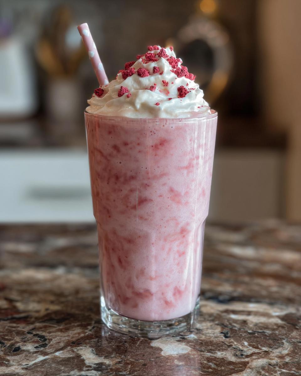 A refreshing strawberry frappuccino with whipped cream and freeze-dried strawberries, a Starbucks drink recipe.