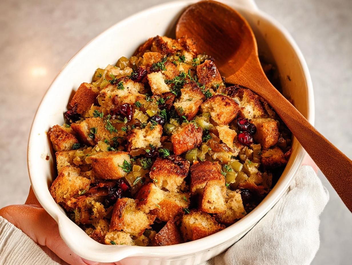 A close-up of a white baking dish filled with golden-brown stuffing, featuring bread cubes, cranberries, and herbs. A wooden spoon rests inside.