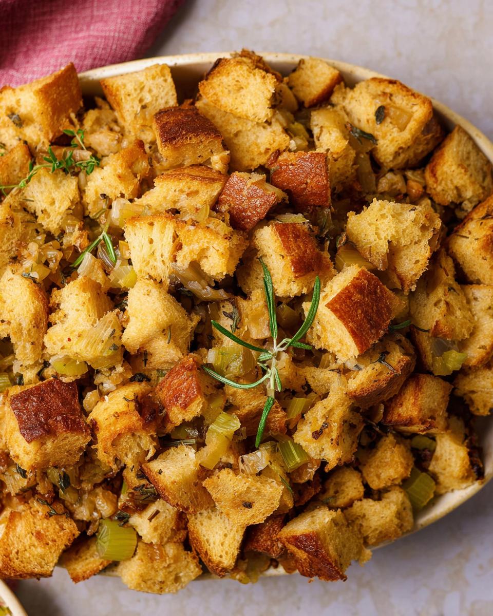 Close-up of a delicious homemade stuffing recipe, featuring golden-brown bread cubes, celery, and herbs.