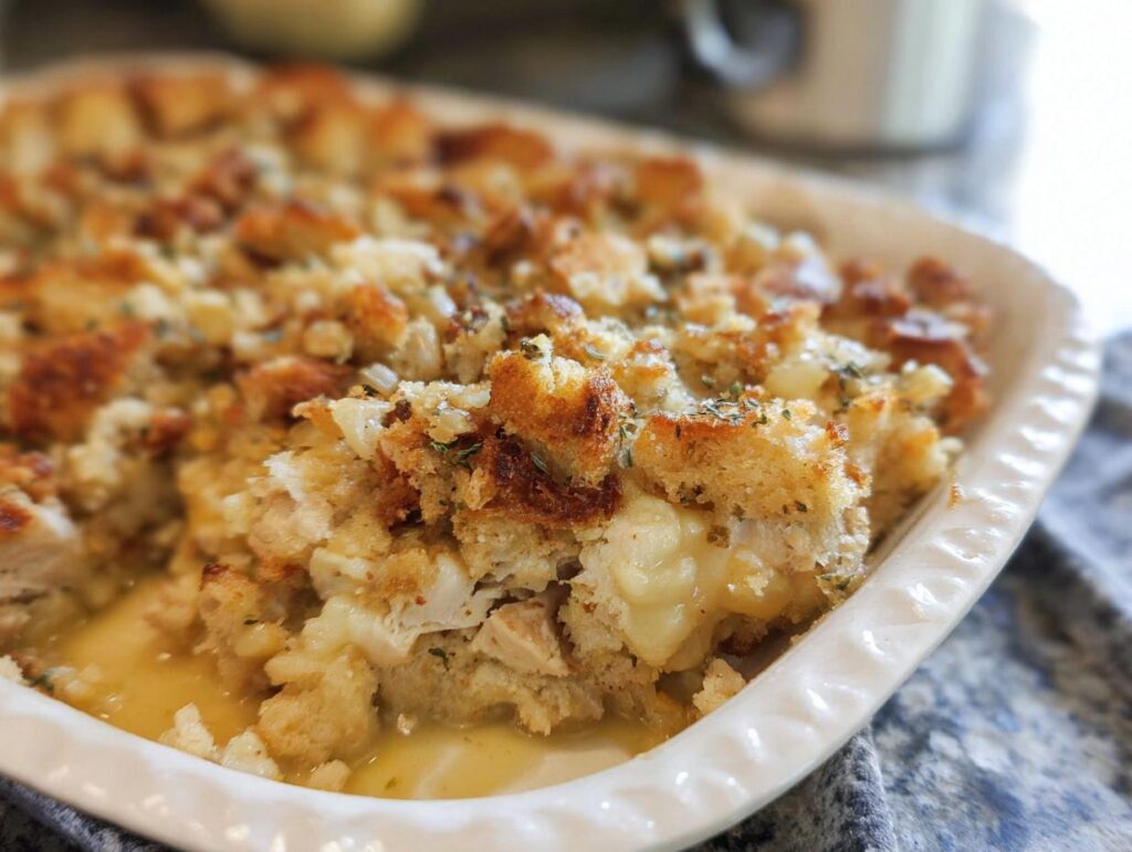 Close-up of a baked casserole dish filled with a chicken and stuffing recipe, topped with golden breadcrumbs and herbs.