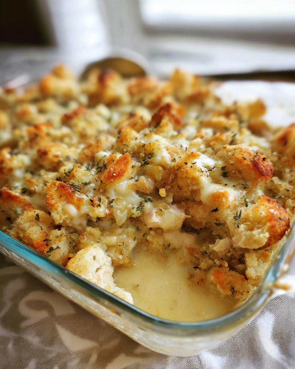 A close-up of a baked casserole with golden-brown bread cubes, melted cheese, and visible chicken pieces, a perfect stuffing recipe.