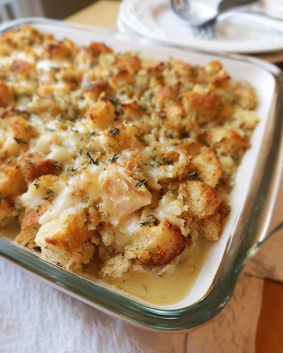 Close-up of a baked stuffing recipe casserole in a glass dish, topped with melted cheese and herbs.