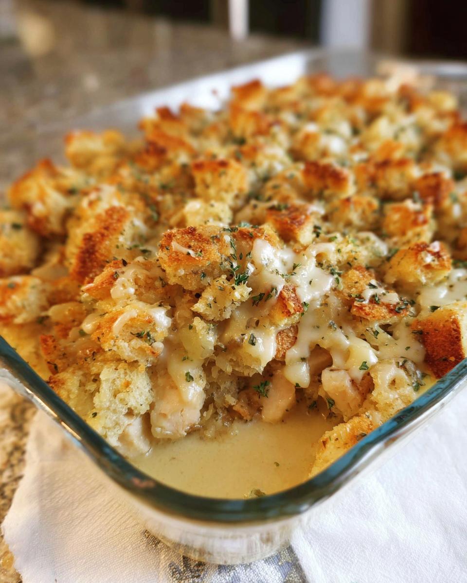 Close-up of a baked casserole with golden croutons and creamy sauce, a delicious stuffing recipe.