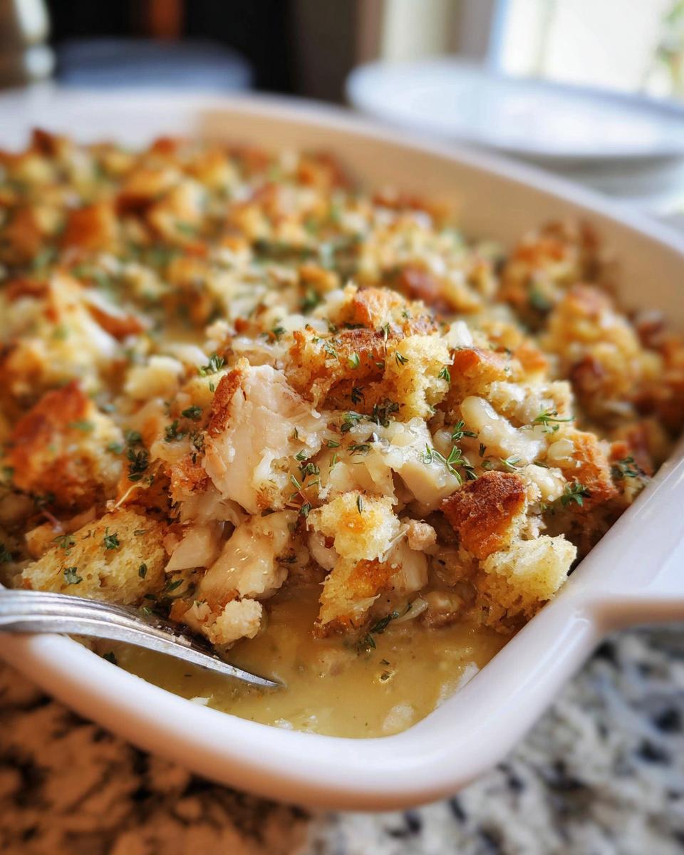 A close-up of a stuffing recipe casserole in a white baking dish, topped with toasted bread cubes and herbs.