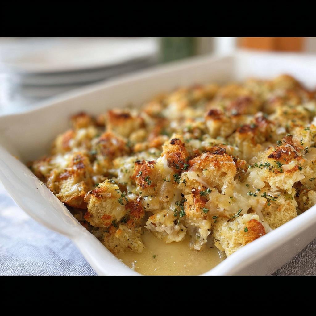 Close-up of a baked casserole dish filled with golden-brown bread cubes, melted cheese, and herbs, perfect for stuffing recipes.