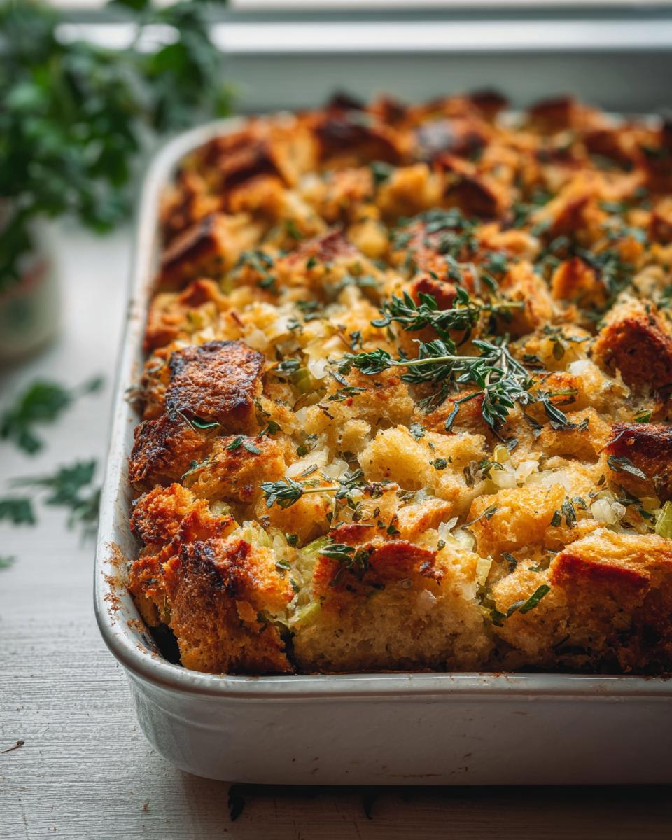 Close-up of a freshly baked stuffing recipe in a white baking dish, garnished with fresh herbs.