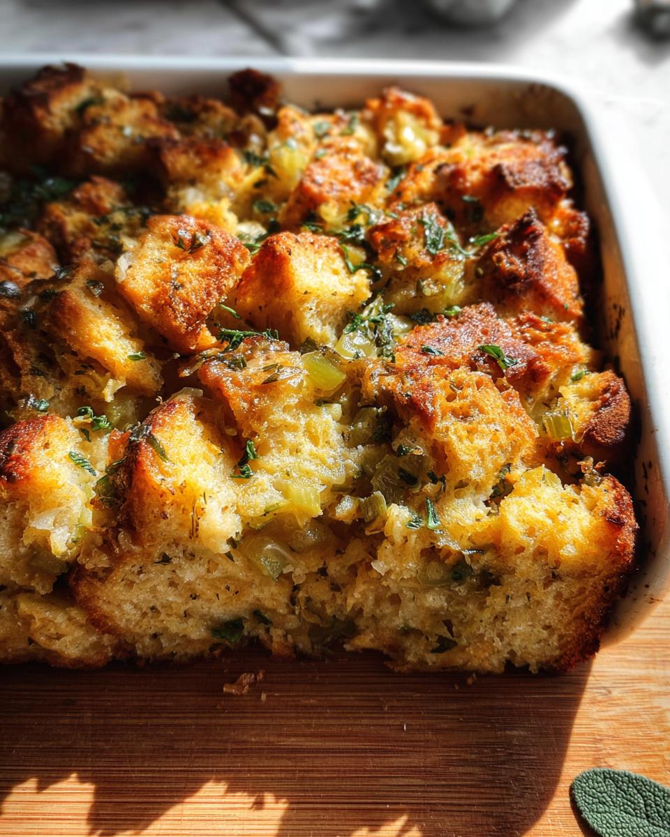 Close-up of a freshly baked stuffing recipe in a white baking dish, perfect for meal prep.