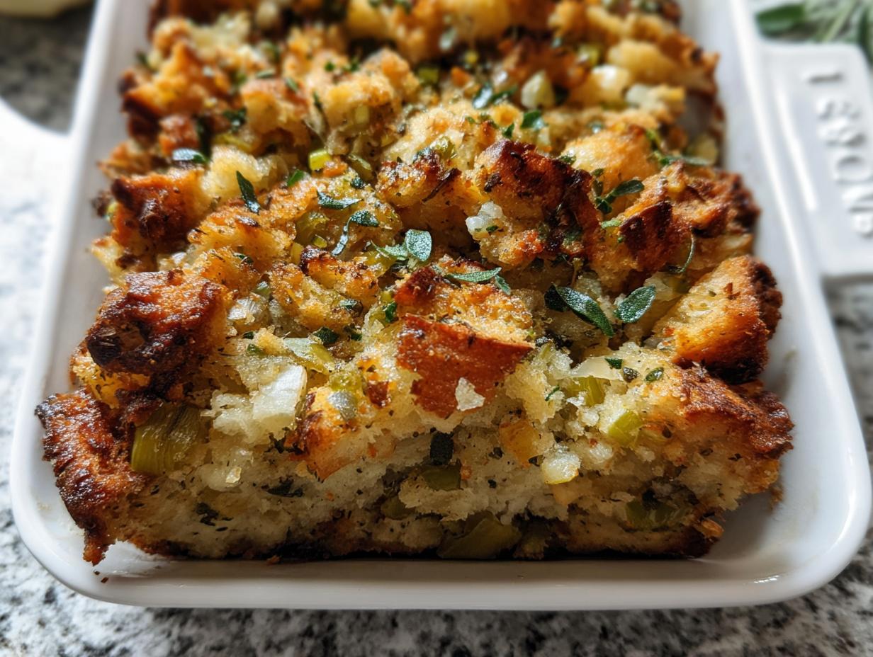 Close-up of a golden-brown baked stuffing in a white dish, featuring bread cubes, celery, and herbs.