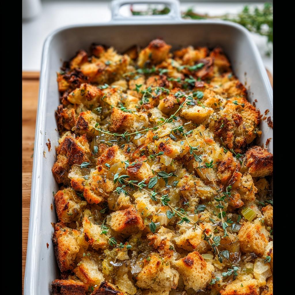 Close-up of a baking dish filled with golden-brown stuffing, garnished with fresh thyme sprigs.