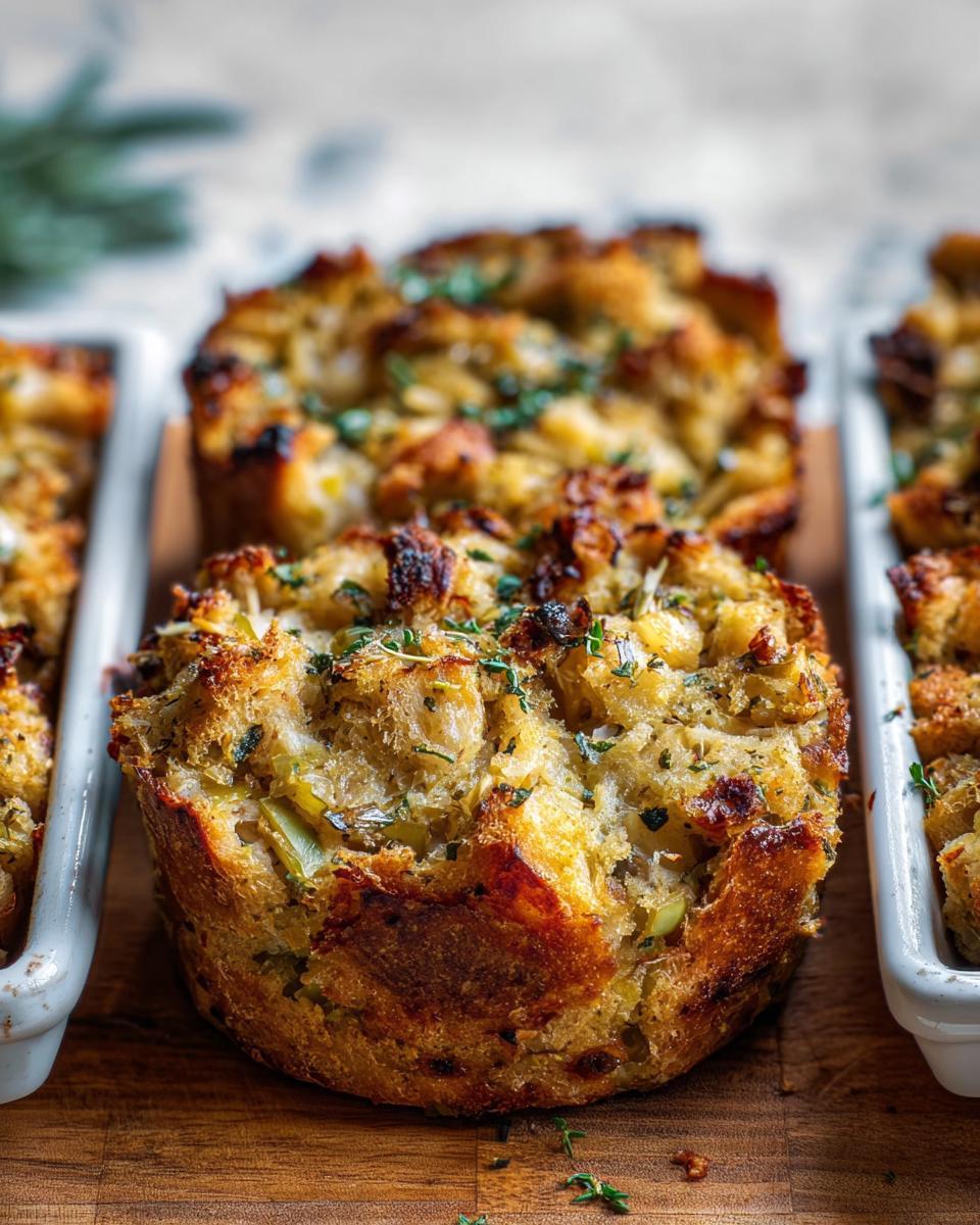 Close-up of individual portions of stuffing recipes baked in small white dishes, garnished with herbs.