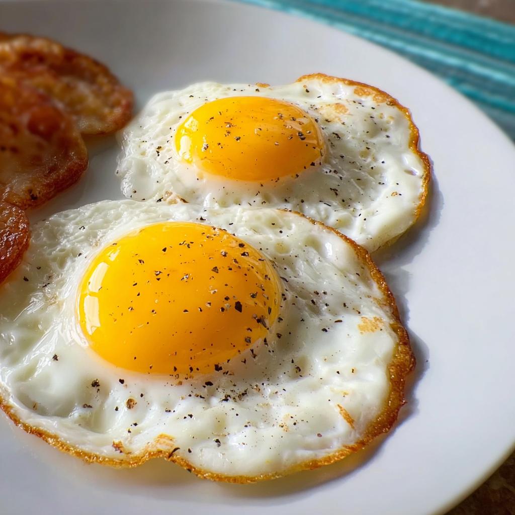 Two perfectly cooked sunny-side up eggs with bright yellow yolks, seasoned with cracked black pepper, part of an egg recipe.