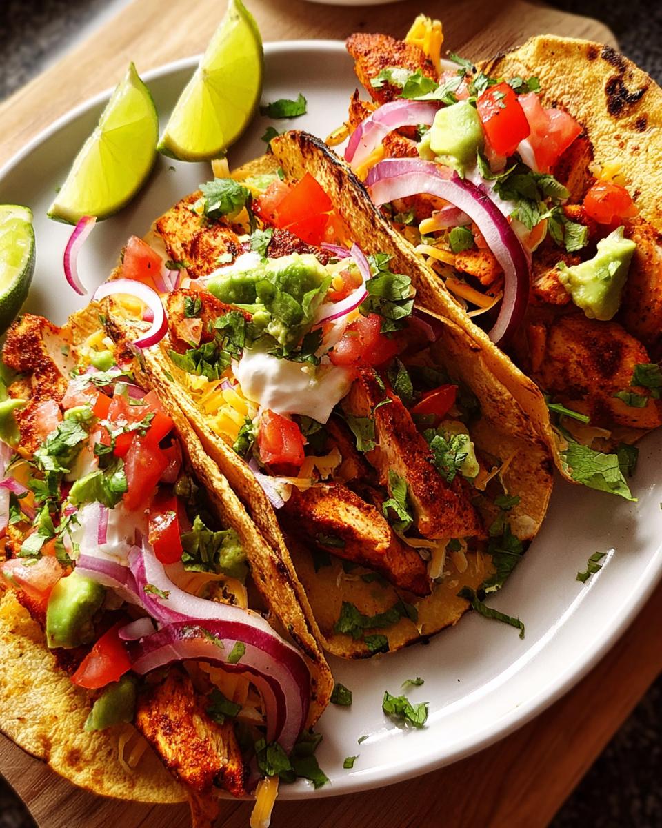 Three flavorful chicken tacos loaded with fresh toppings for Taco Tuesday Recipes meal prep.
