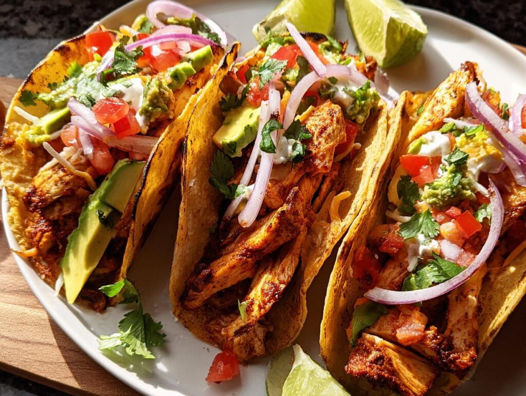 Three mouthwatering chicken tacos for Taco Tuesday Recipes, filled with shredded chicken, avocado, pico de gallo, and red onion.