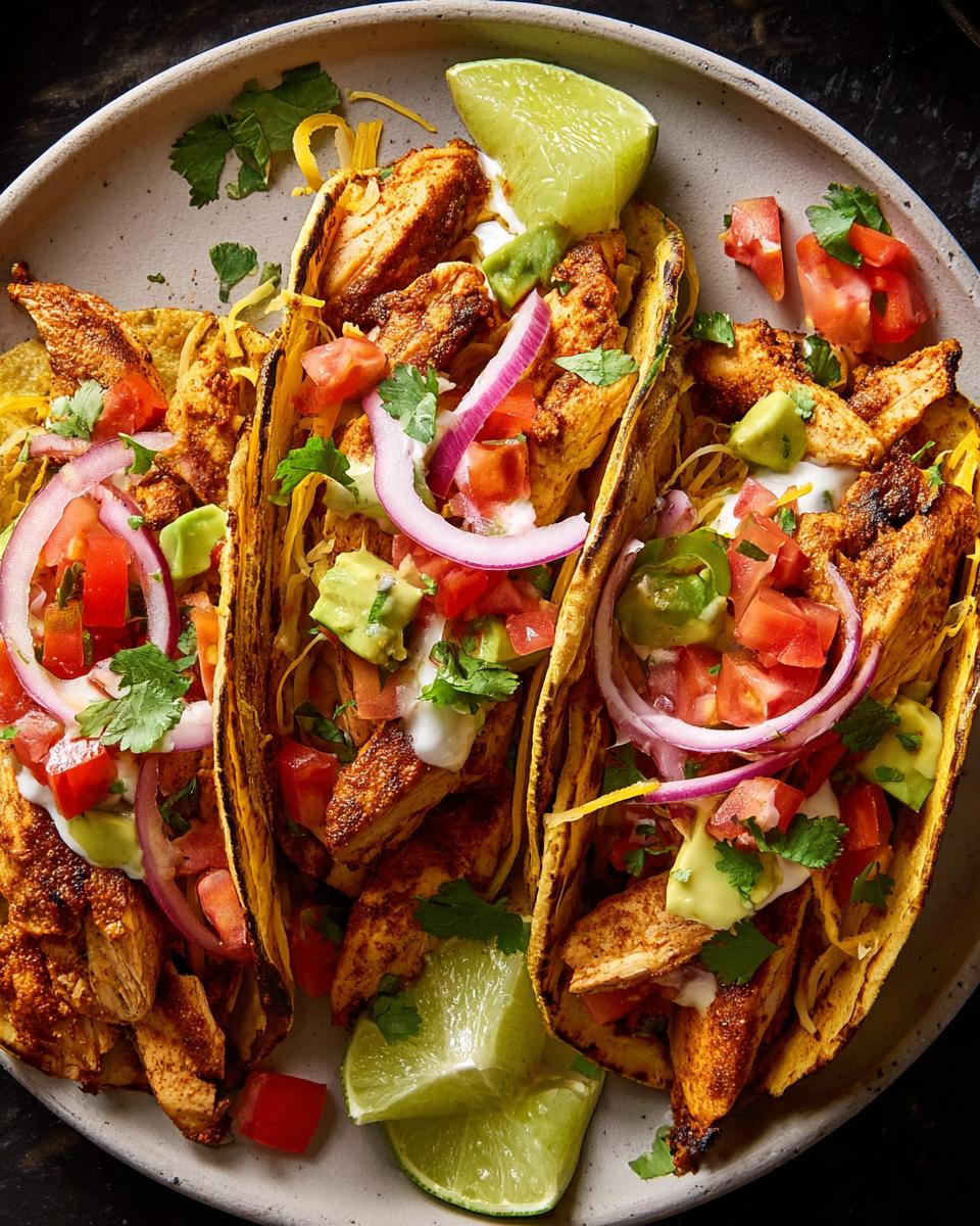 Three loaded chicken tacos with fresh toppings like avocado, tomato, red onion, and cilantro, perfect for Taco Tuesday Recipes Meal Prep.