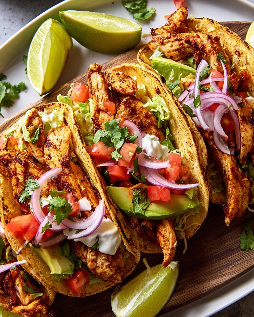 Three fully loaded chicken tacos with avocado, tomato, red onion, and cilantro, perfect for Taco Tuesday Recipes.