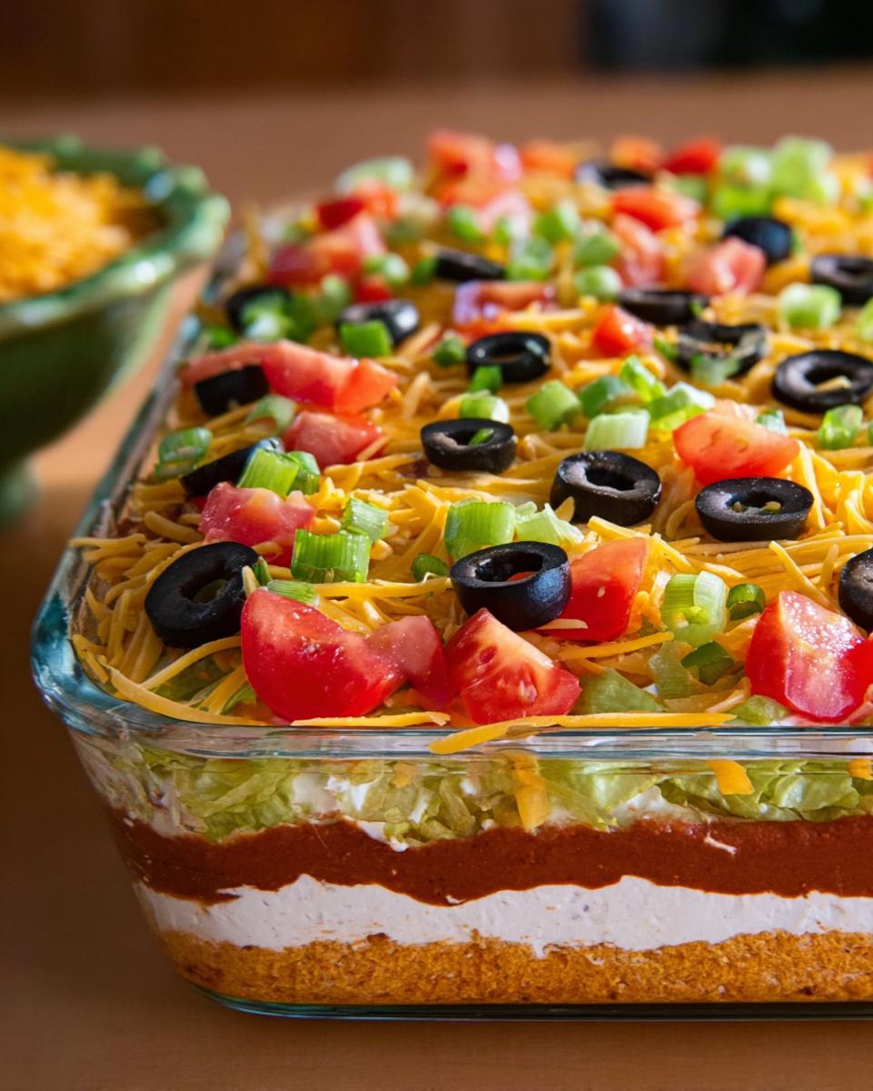 A delicious layered taco dip, perfect for Taco Tuesday recipes, topped with cheese, olives, tomatoes, and green onions.