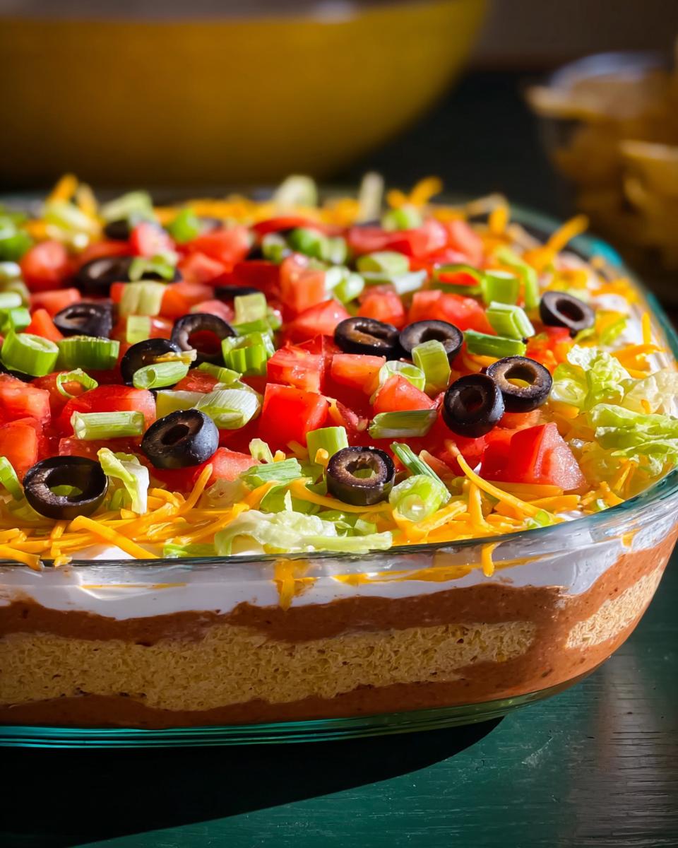A delicious layered taco dip, perfect for Taco Tuesday recipes, topped with tomatoes, olives, and green onions.