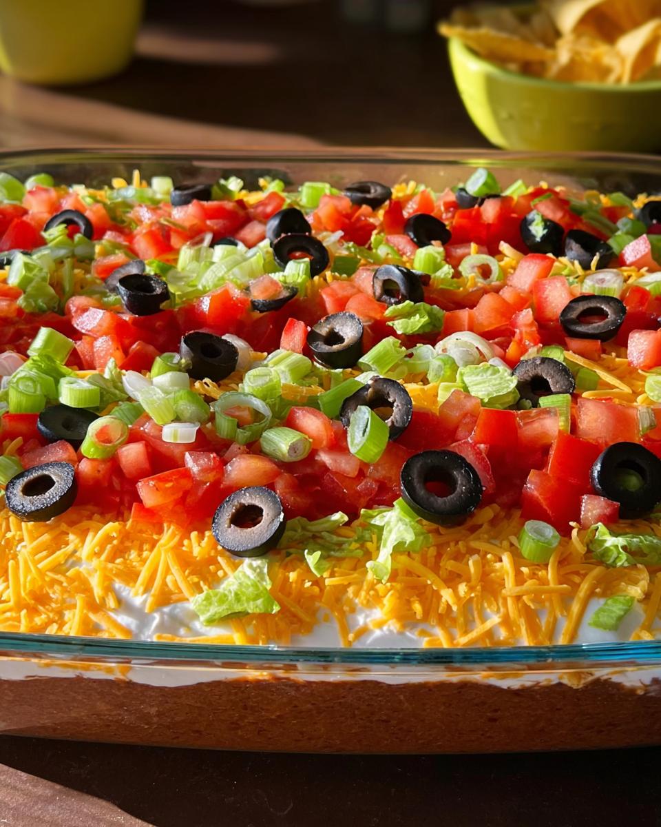 A close-up of a layered taco dip, topped with shredded cheese, tomatoes, olives, and green onions, perfect for Taco Tuesday recipes.