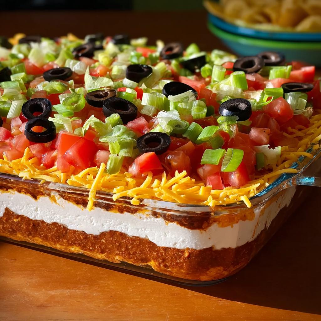 A delicious layered taco dip, perfect for Taco Tuesday recipes, topped with tomatoes, olives, and green onions.