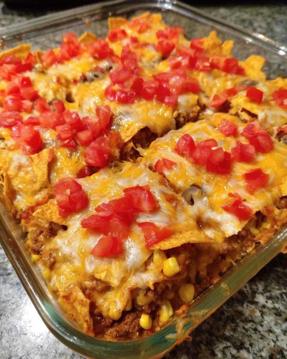 A baked Taco Tuesday recipe casserole in a glass dish, topped with melted cheese, crushed tortilla chips, and diced tomatoes.