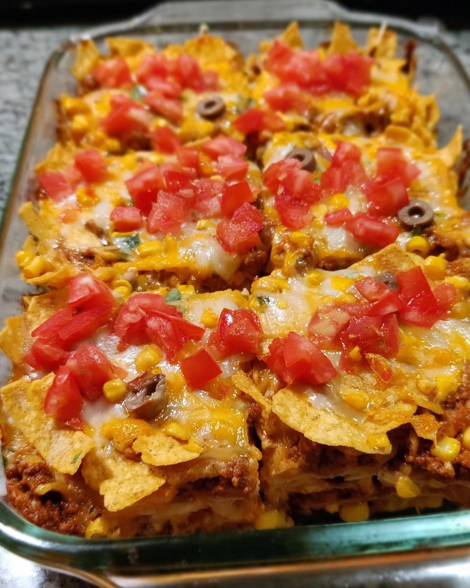A close-up view of a baked Taco Tuesday recipe casserole, topped with melted cheese, corn, and diced tomatoes.