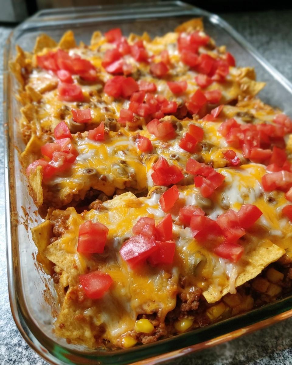 A close-up of a baked Taco Tuesday recipe casserole in a glass dish, topped with melted cheese, ground meat, and diced tomatoes.