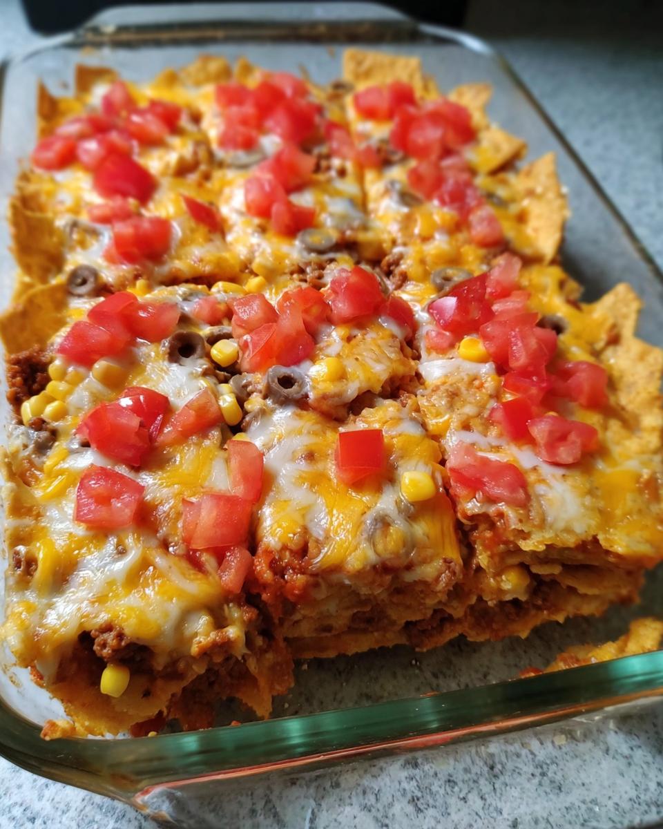 A delicious Taco Tuesday recipe casserole baked in a glass dish, topped with melted cheese, diced tomatoes, corn, and olives.