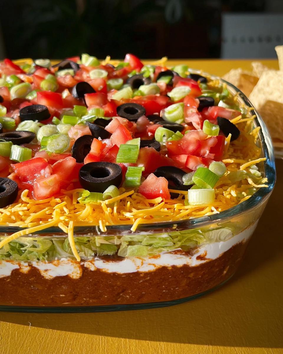 A delicious layered taco dip, perfect for Taco Tuesday recipes, topped with tomatoes, olives, and green onions.