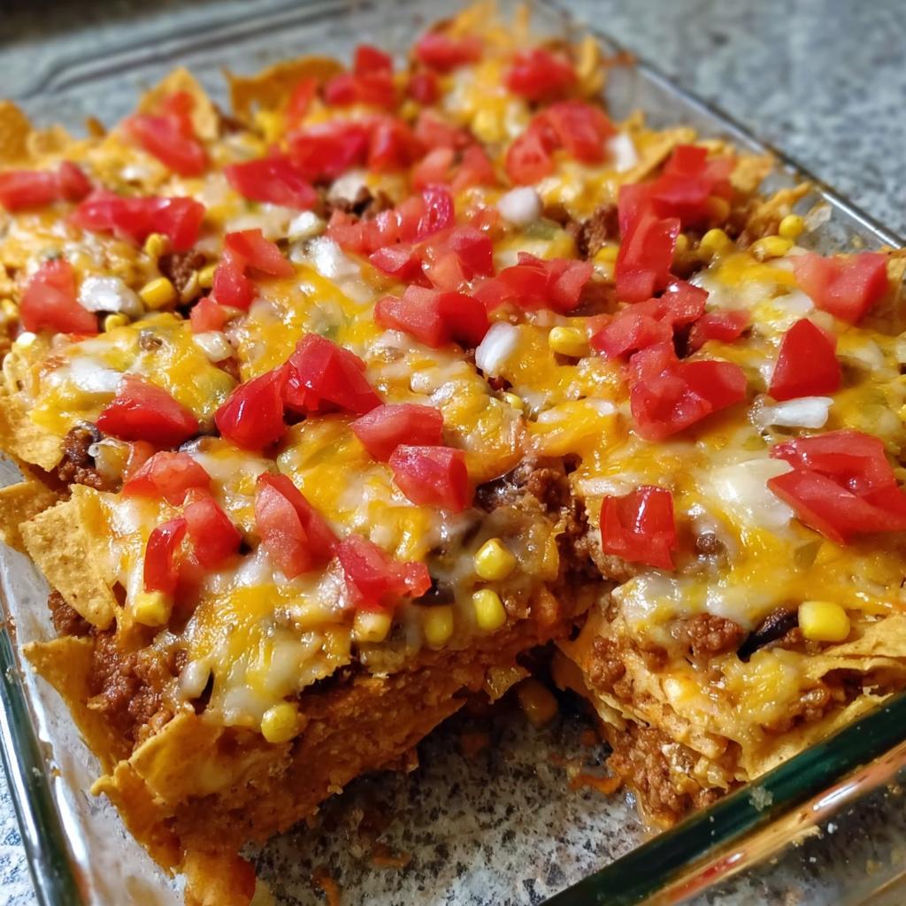 Close-up of a baked Taco Tuesday recipes casserole in a glass dish, topped with melted cheese, corn, and diced tomatoes.
