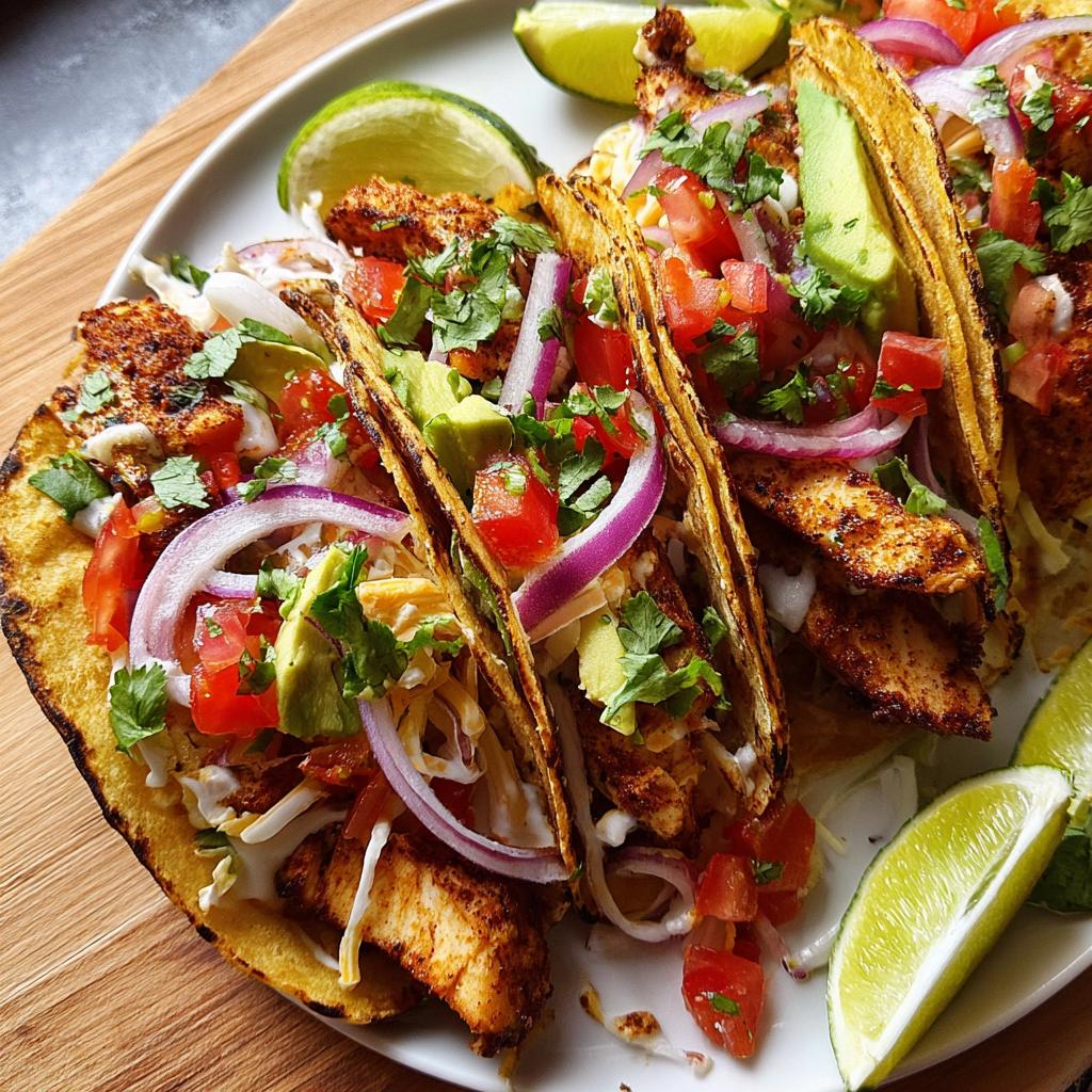 A plate of flavorful chicken tacos, a perfect Taco Tuesday Recipes Meal Prep option, filled with avocado, tomato, red onion, and cilantro.