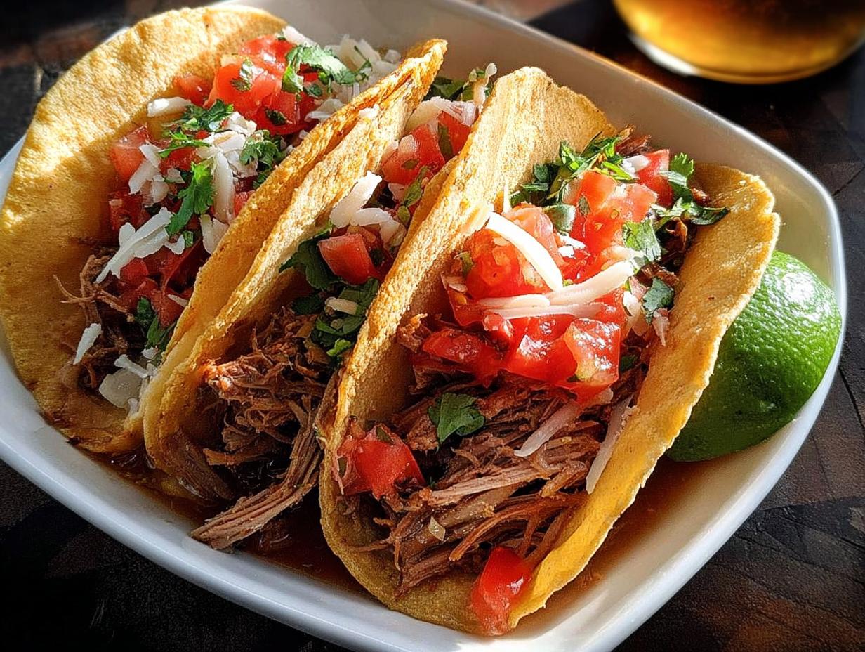 Three delicious shredded beef tacos for Taco Tuesday Recipes, topped with fresh tomatoes, onions, cilantro, and cheese.