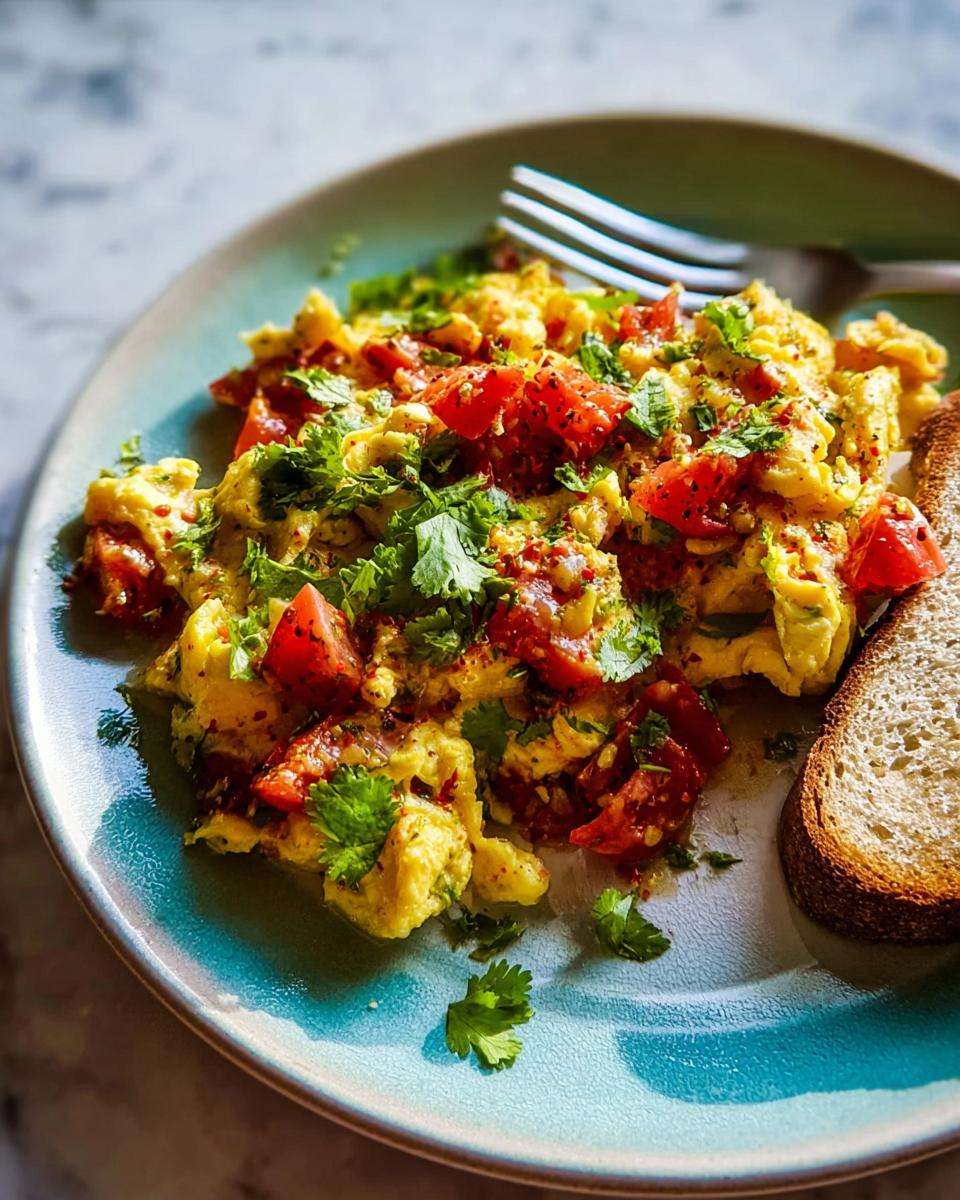 Scrambled eggs with tomatoes and cilantro, served with toast, a perfect example of quick egg recipes.
