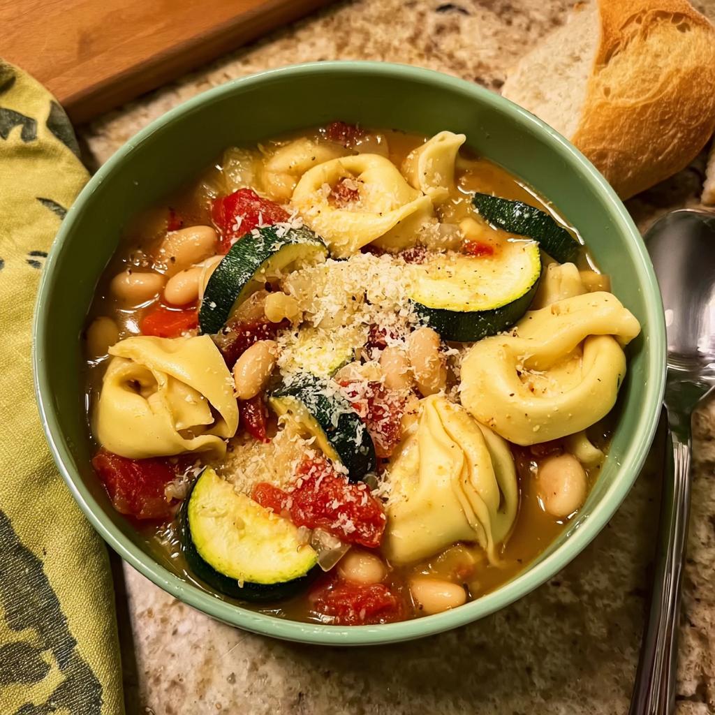 A bowl of tortellini soup with white beans, zucchini, tomatoes, and Parmesan cheese. One of 15 genius soup recipes.