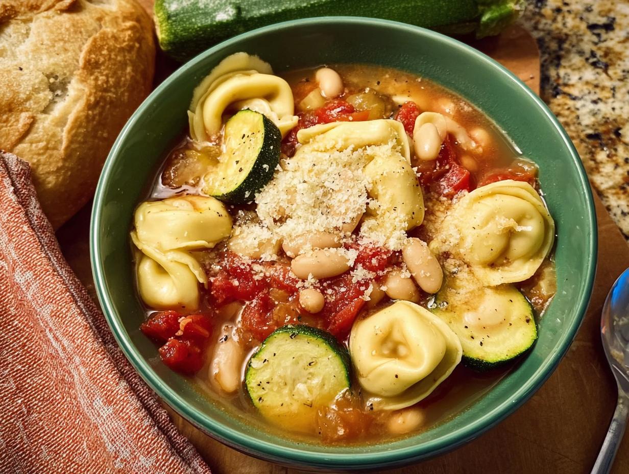 A bowl of tortellini soup with zucchini, white beans, and tomatoes, topped with Parmesan cheese. One of 15 Genius Soup Recipes Ideas for Busy Weeknights.