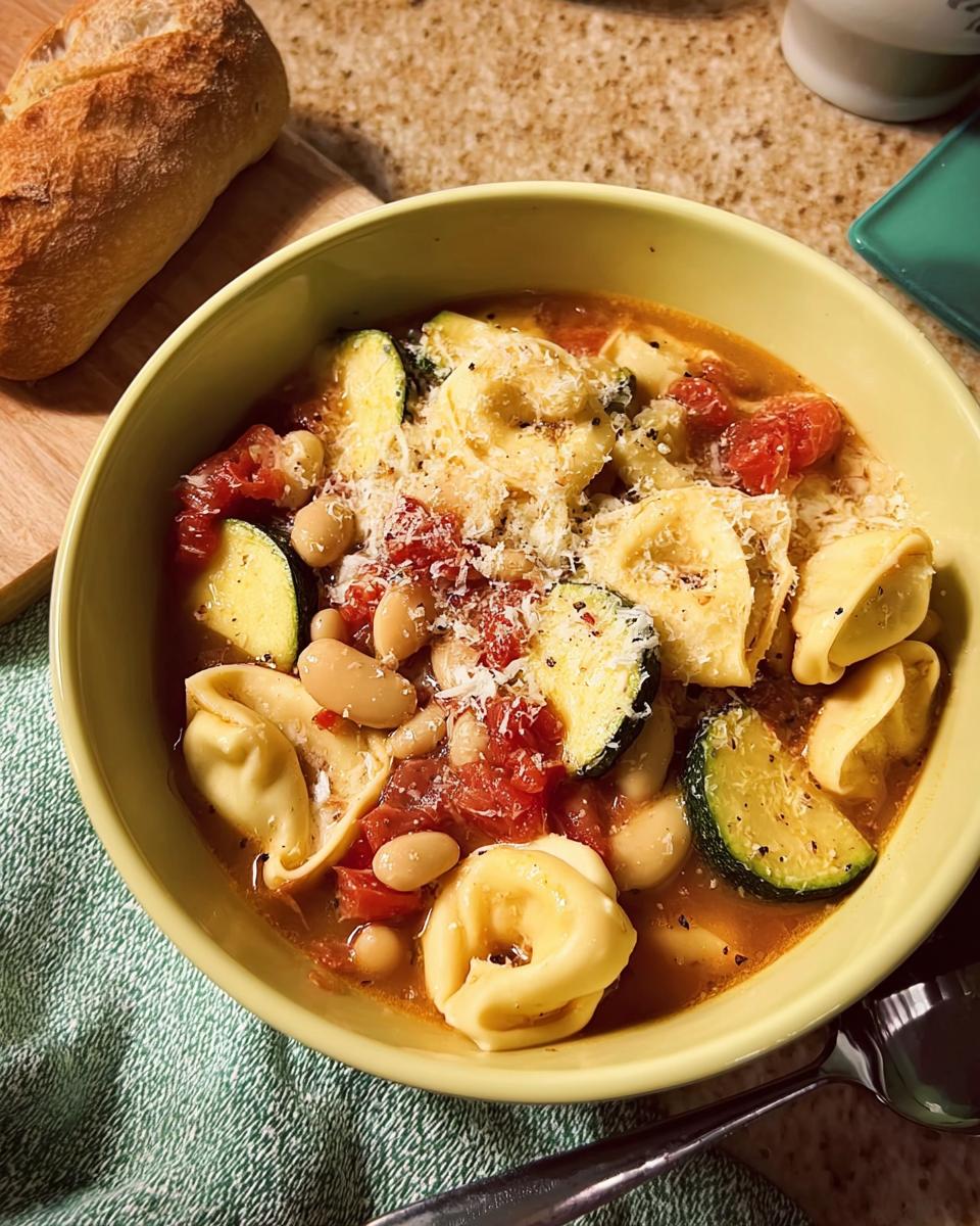 A bowl of tortellini soup with zucchini, tomatoes, and white beans, topped with Parmesan cheese. Part of 15 Genius Soup Recipes Ideas for Busy Weeknights.
