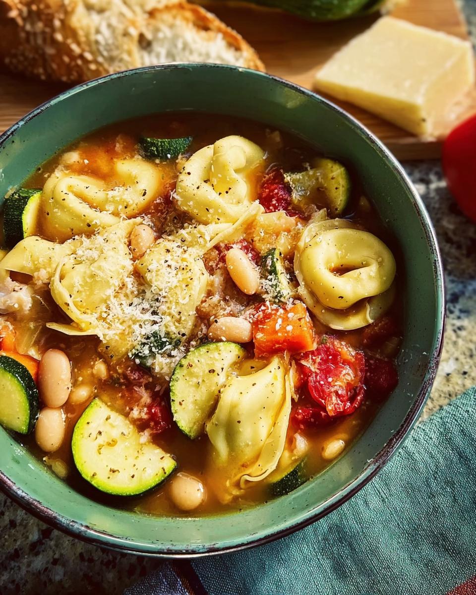 A close-up of a bowl of tortellini soup with zucchini, beans, and tomatoes, a perfect example of 15 genius soup recipes.