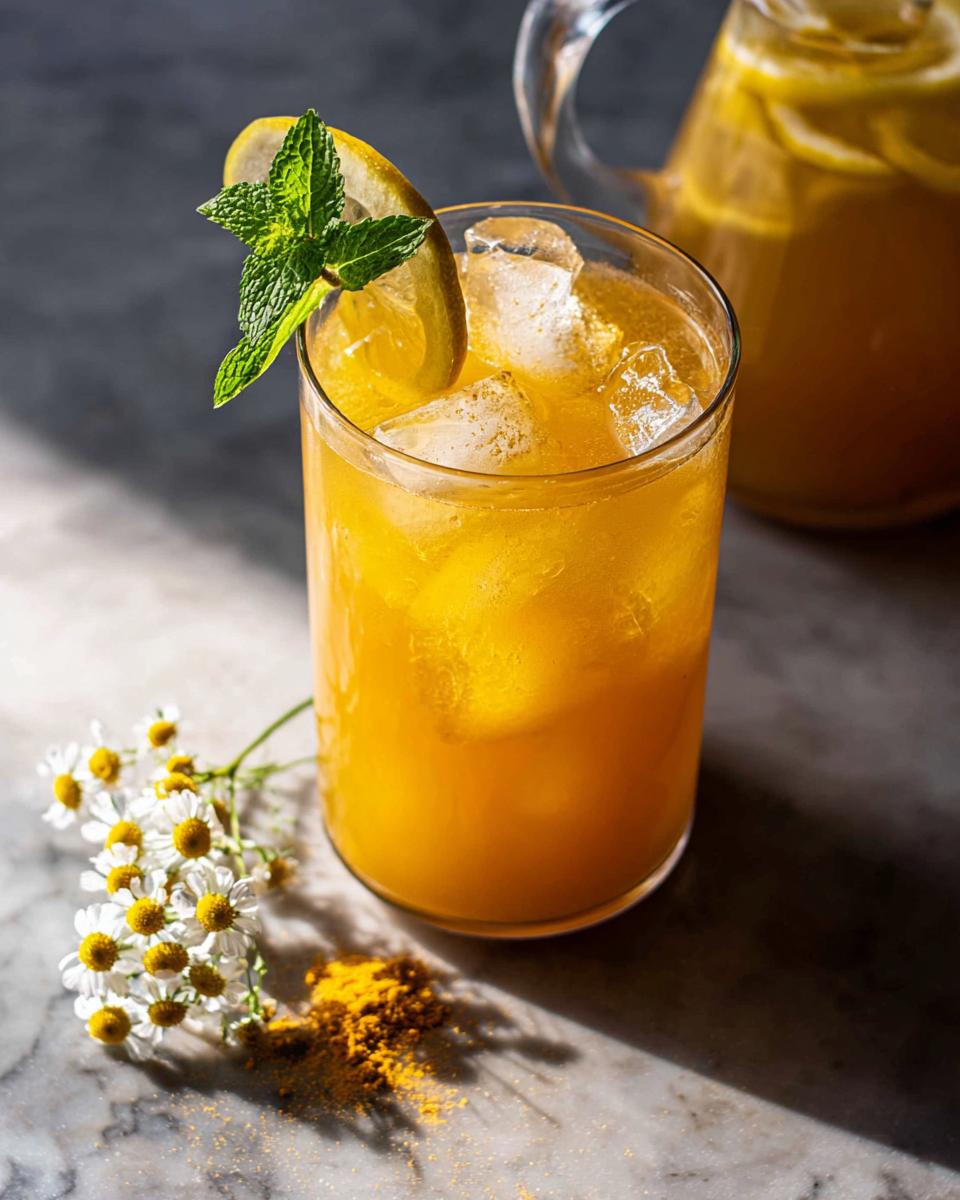 A tall glass of vibrant orange turmeric lemonade with ice, garnished with lemon and mint, part of Restaurant-Style Healthy Meals Recipes at Home.