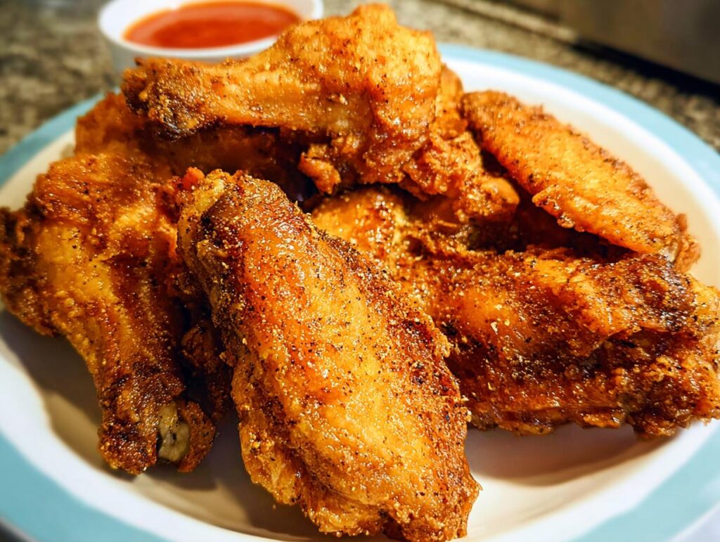 A plate of golden-brown, crispy chicken wings seasoned with spices, served with a side of dipping sauce.