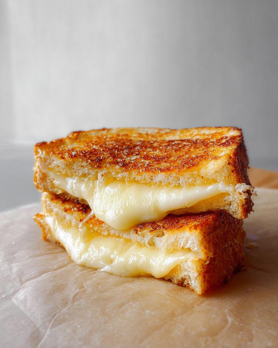 Close-up of a perfectly grilled cheese sandwich with golden-brown bread and gooey melted cheese oozing out.