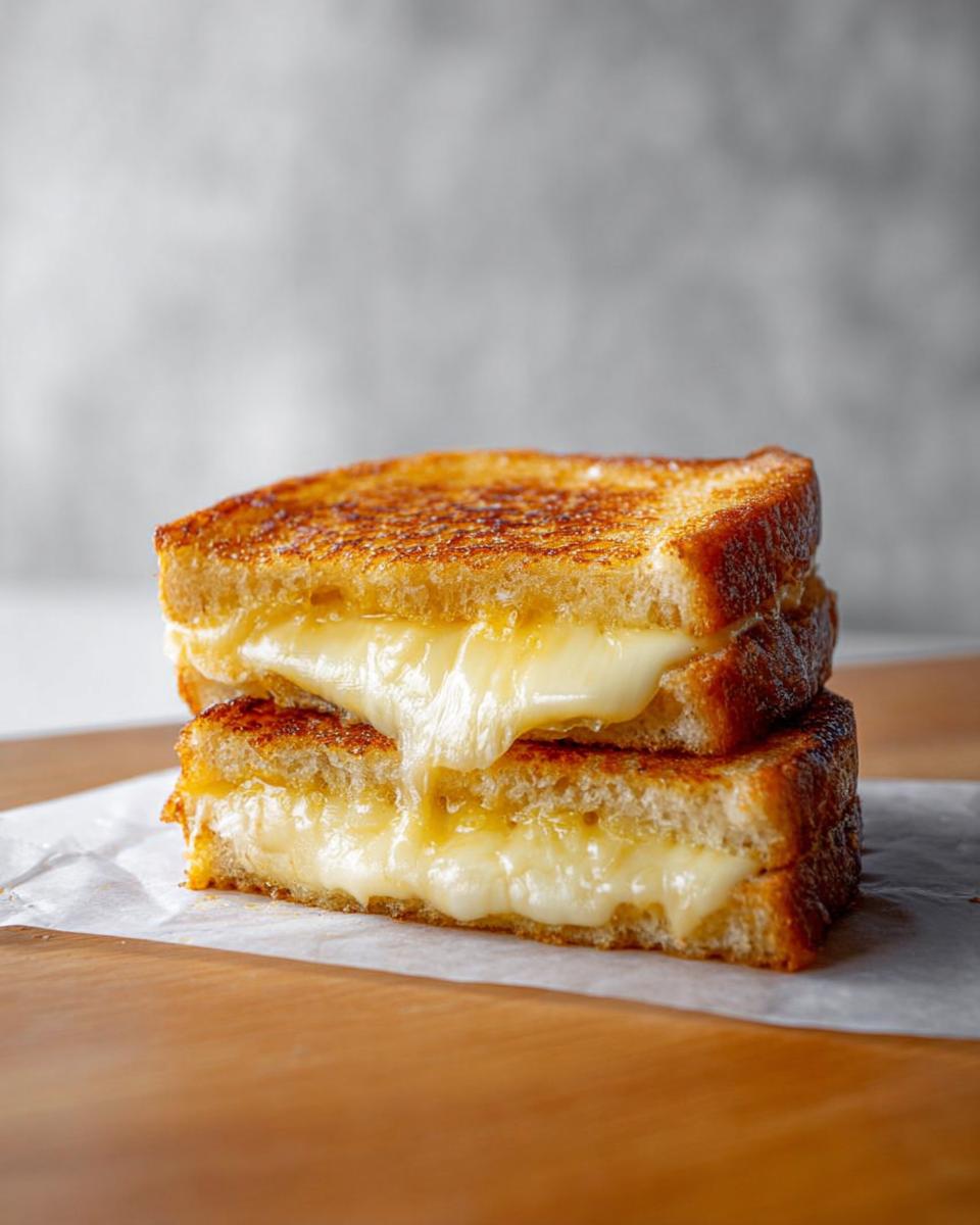 A golden-brown grilled cheese sandwich stacked, with gooey melted cheese oozing out.