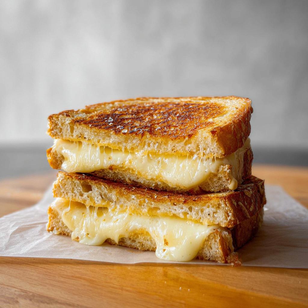 Two halves of a perfectly grilled cheese sandwich stacked, with gooey melted cheese oozing out.
