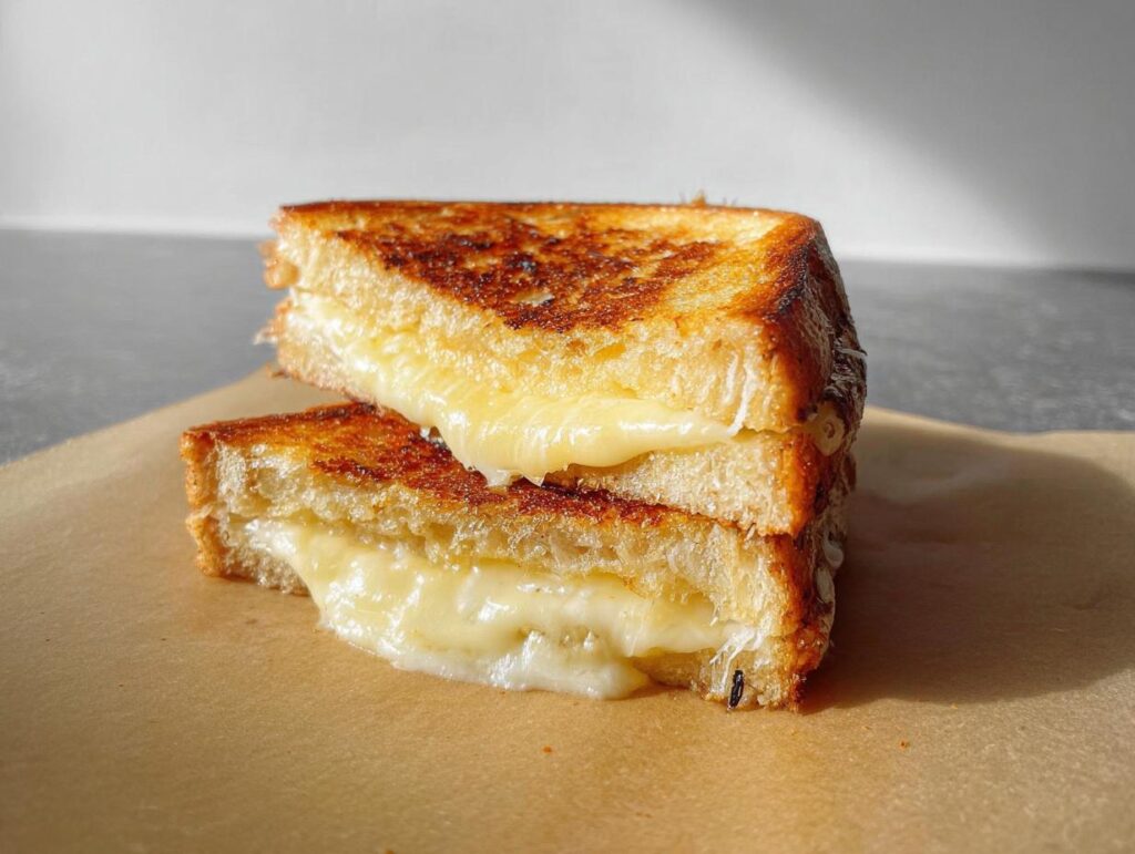 Two halves of a perfectly grilled cheese sandwich, with gooey melted cheese oozing out.