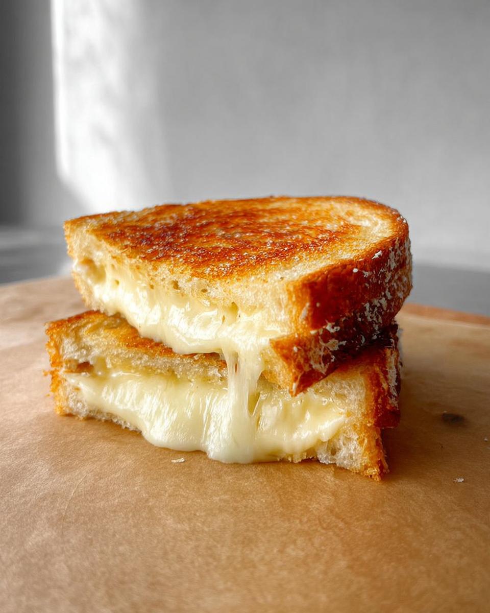 A perfectly grilled cheese sandwich, cut in half, with gooey melted cheese oozing out.