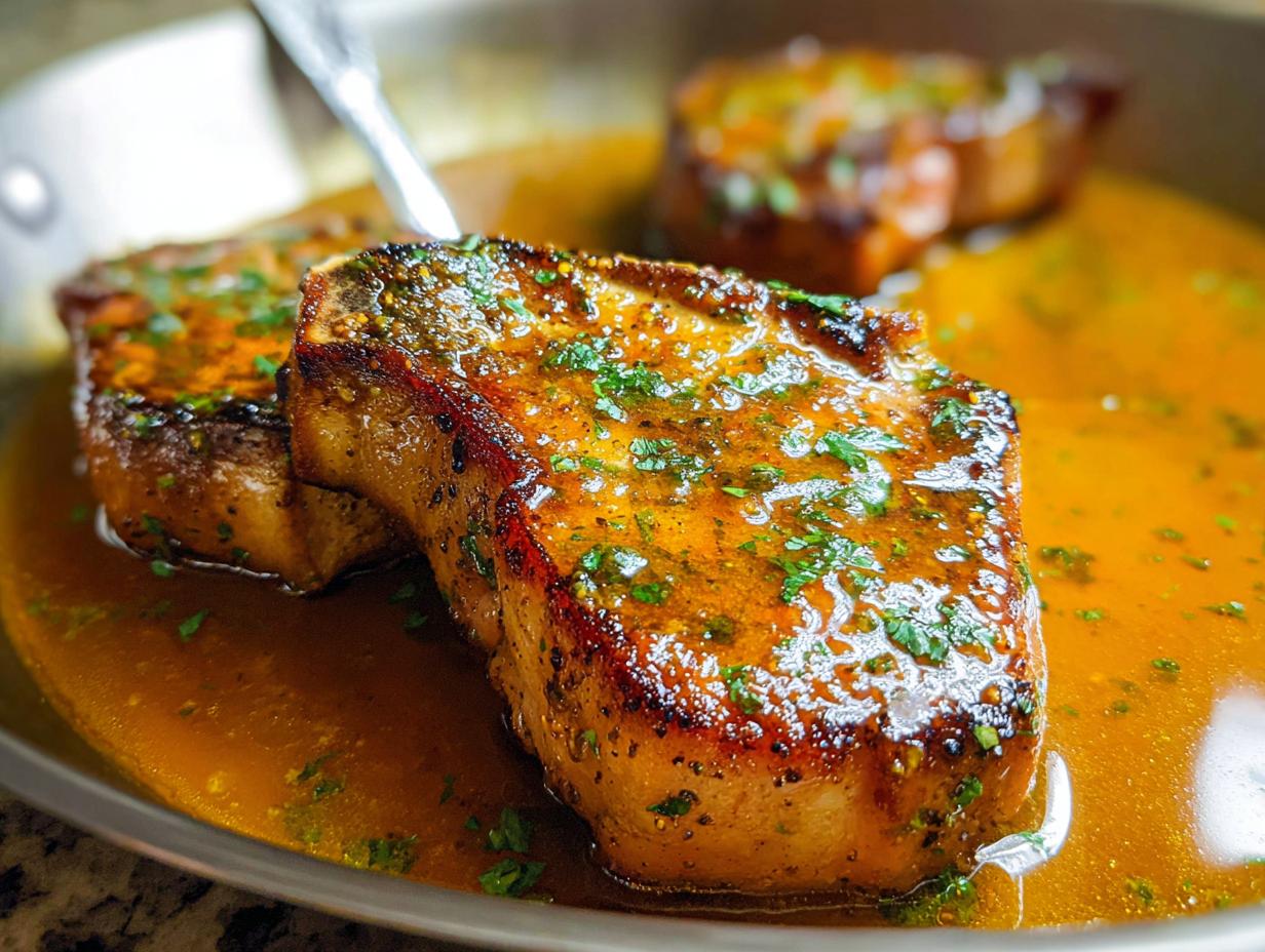 Close-up of juicy pork chops in a rich pan sauce, garnished with fresh parsley.