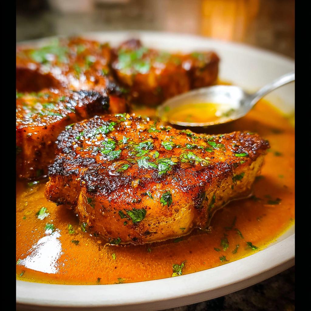 Close-up of perfectly cooked pork chops in a rich, savory sauce, garnished with fresh parsley. A beginner-friendly recipe.