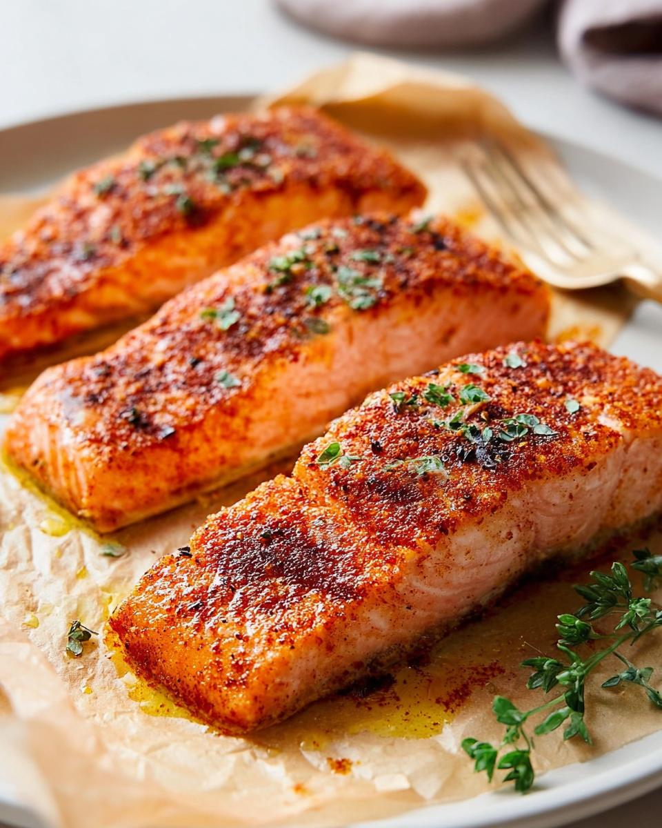 Three perfectly cooked salmon fillets seasoned with spices and herbs, ready to be served as part of The Ultimate Salmon Recipes Guide for Beginners.