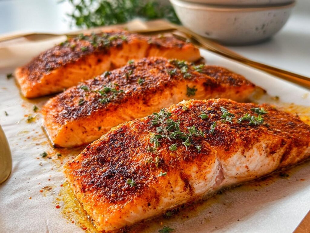 Three perfectly cooked salmon fillets seasoned with spices and fresh herbs, ready to be served. A beginner-friendly salmon recipe.