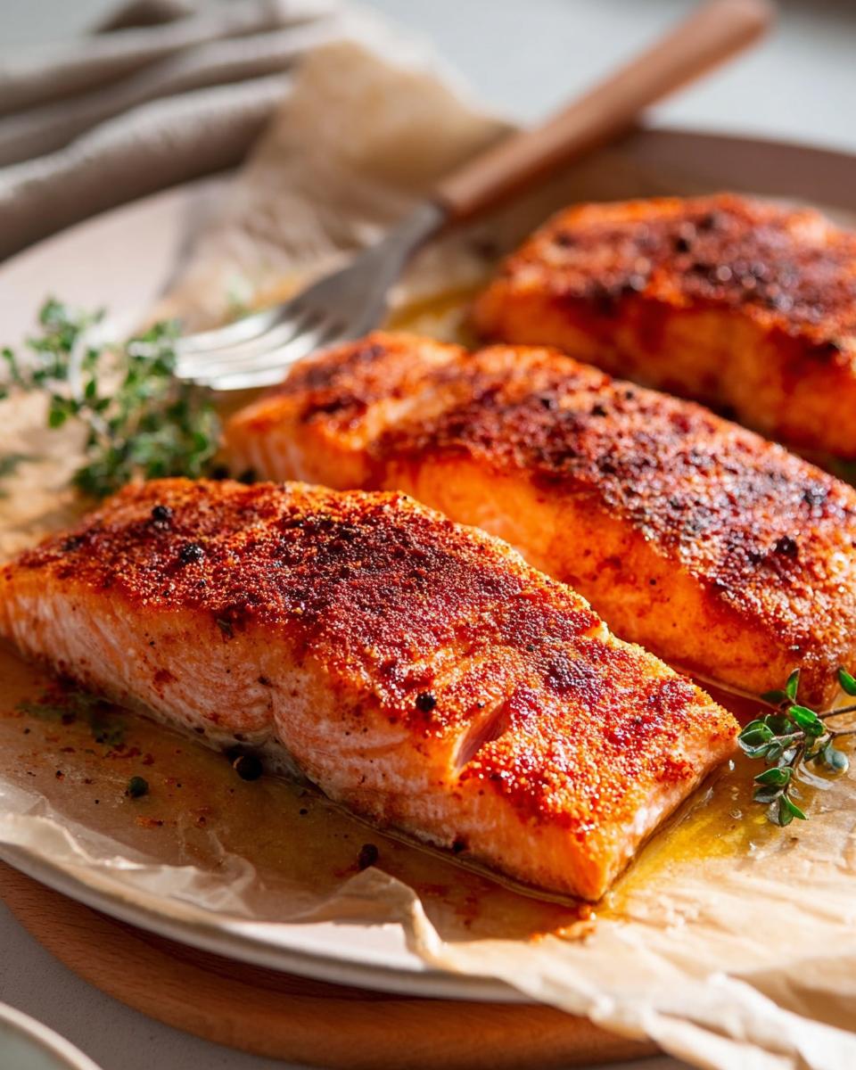 Three perfectly cooked salmon fillets seasoned with spices, served on a plate with fresh thyme. Part of The Ultimate Salmon Recipes Guide for Beginners.