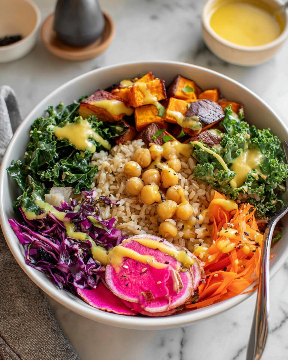 A vibrant and healthy vegan rice bowl with brown rice, chickpeas, kale, roasted sweet potatoes, shredded carrots, red cabbage, and watermelon radish, drizzled with dressing.