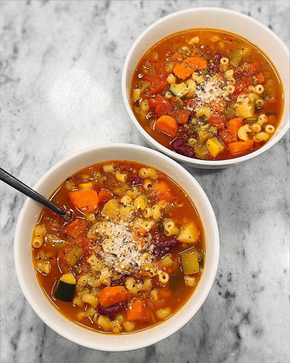 Two bowls of delicious vegetable soup recipes with pasta, beans, carrots, and zucchini, topped with grated cheese.